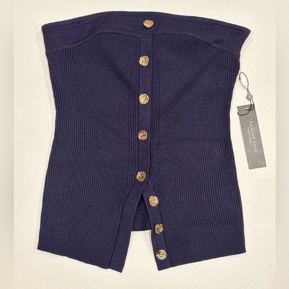 Emerson Lang Tops - Emerson Lang Navy Blue Strapless Knit Ribbed Top, Gold Buttons, NWT, Medium